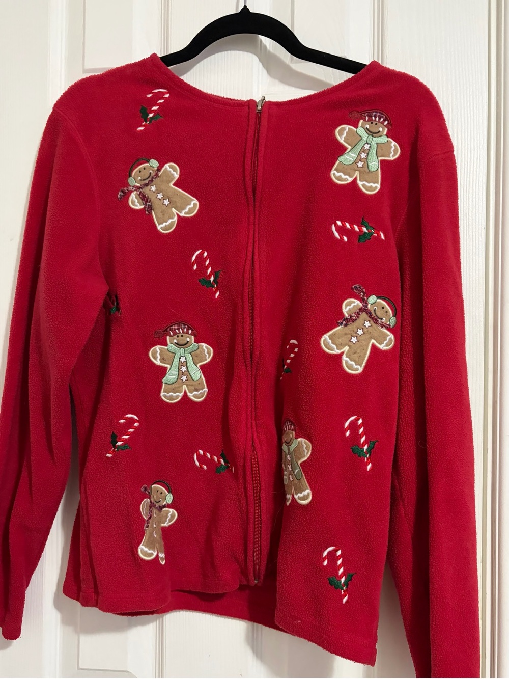 Women's Red Gingerbread Zip-Front Holiday Cardigan Sweater and red aerie tank.